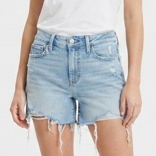 American Eagle Midi Denim Shorts Womens 8 Blue Stretch Cutoff Raw Hem